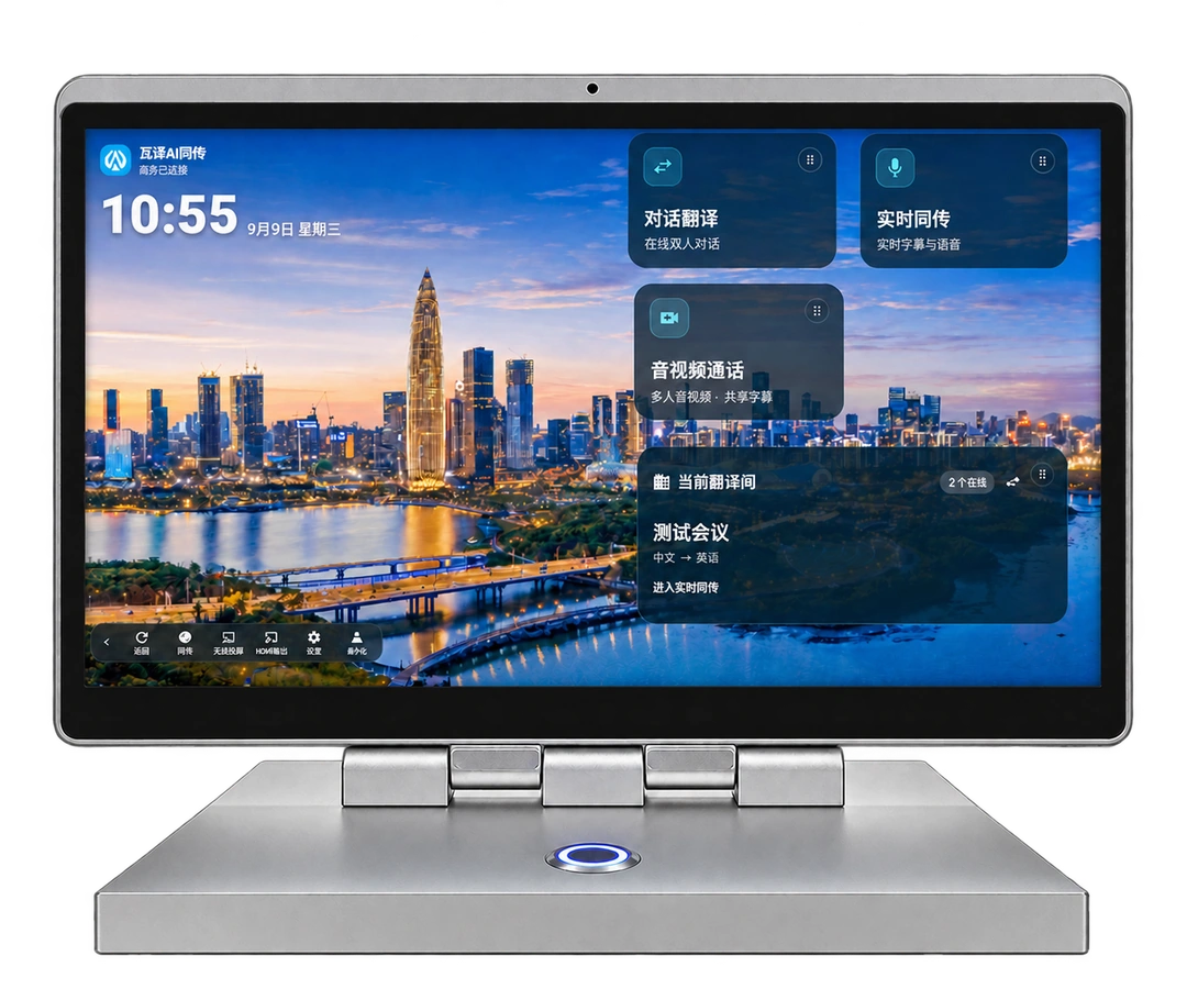 Wali translation terminal with a silver base, blue ring button and app function cards