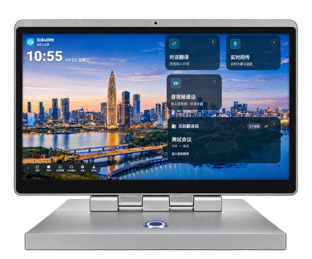 X1 · Wali translation terminal with a silver base, blue ring button and app function cards